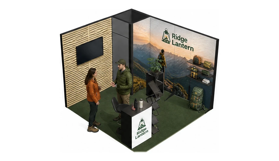 Stoisko 3 × 3 m narożne prawe dla branży odzież i sprzęt outdoorowy, przykładowa marka Ridge Lantern