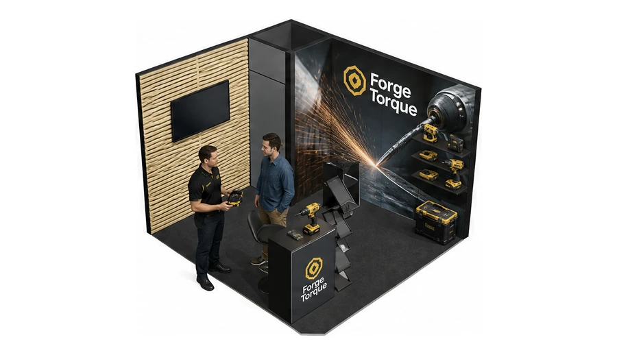 Stoisko 3 × 3 m narożne prawe dla branży elektronarzędzia, przykładowa marka Forge Torque