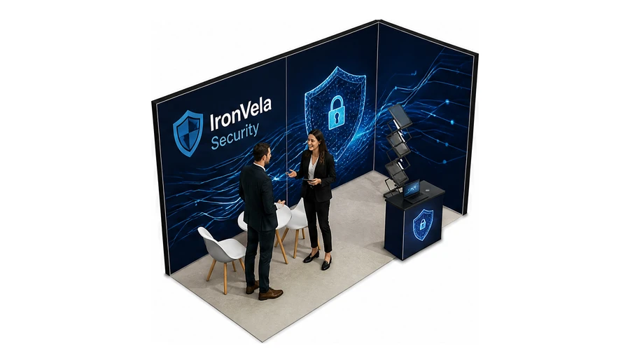 Stoisko 4 × 2 m narożne prawe dla branży cyberbezpieczeństwo, przykładowa marka IronVela Security