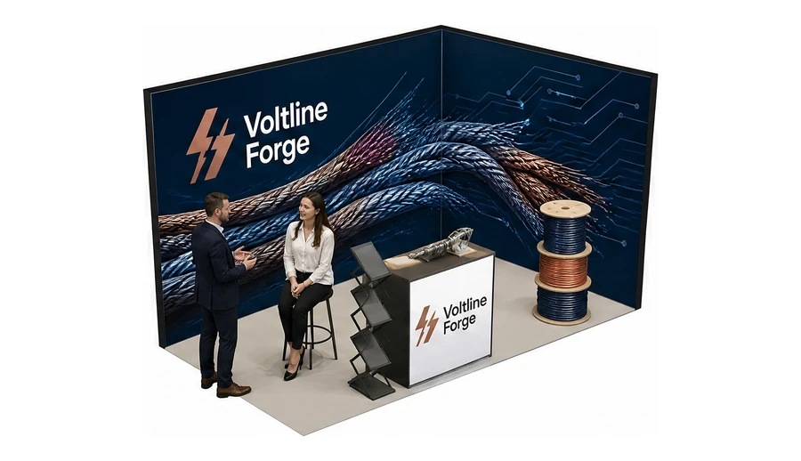 Stoisko 4 × 2 m narożne prawe dla branży kable i elektrotechnika, przykładowa marka Voltline Forge
