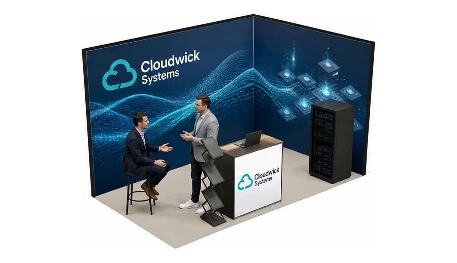 Stoisko 4 × 2 m narożne prawe dla branży oprogramowanie dla firm, przykładowa marka Cloudwick Systems