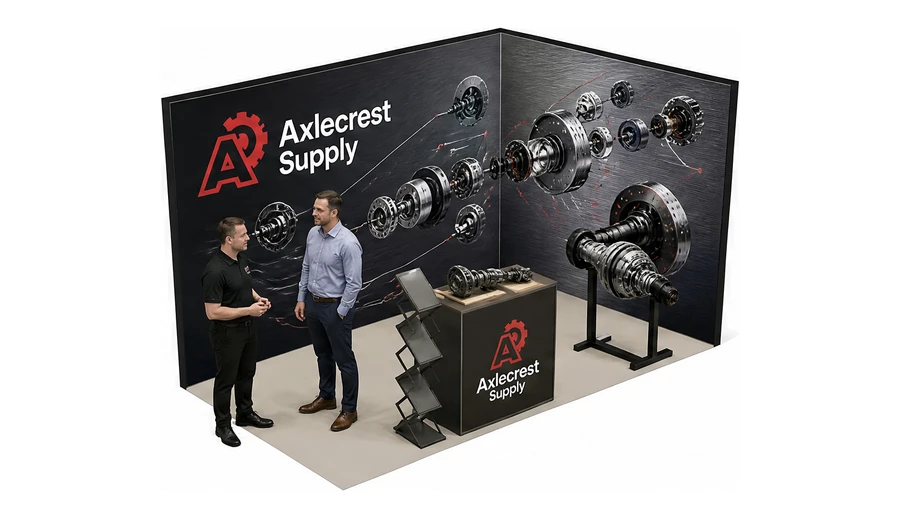 Stoisko 4 × 2 m narożne prawe dla branży części motoryzacyjne, przykładowa marka Axlecrest Supply