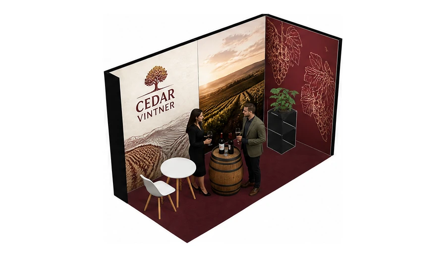 Stoisko 4 × 2 m narożne prawe dla branży winnica, przykładowa marka Cedar Vintner