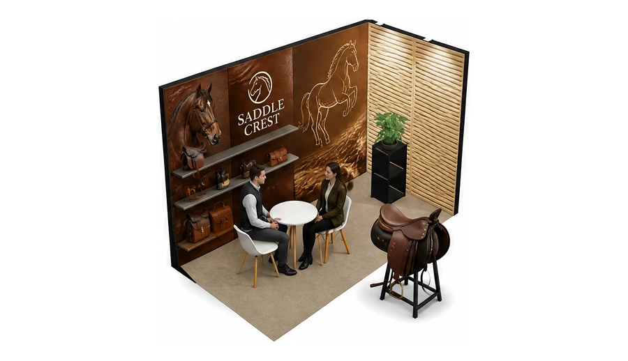 Stoisko 4 × 2 m narożne prawe dla branży jeździectwo, przykładowa marka Saddle Crest