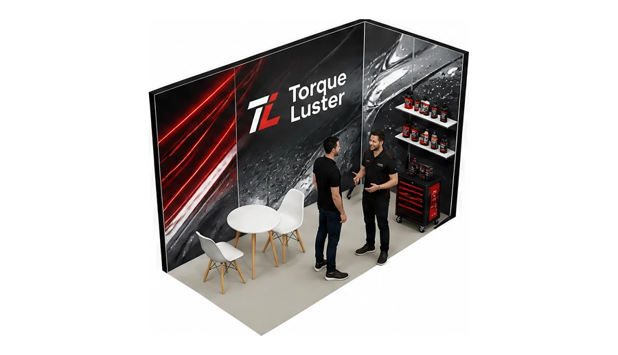 Stoisko 4 × 2 m narożne prawe dla branży tuning i detailing, przykładowa marka Torque Luster