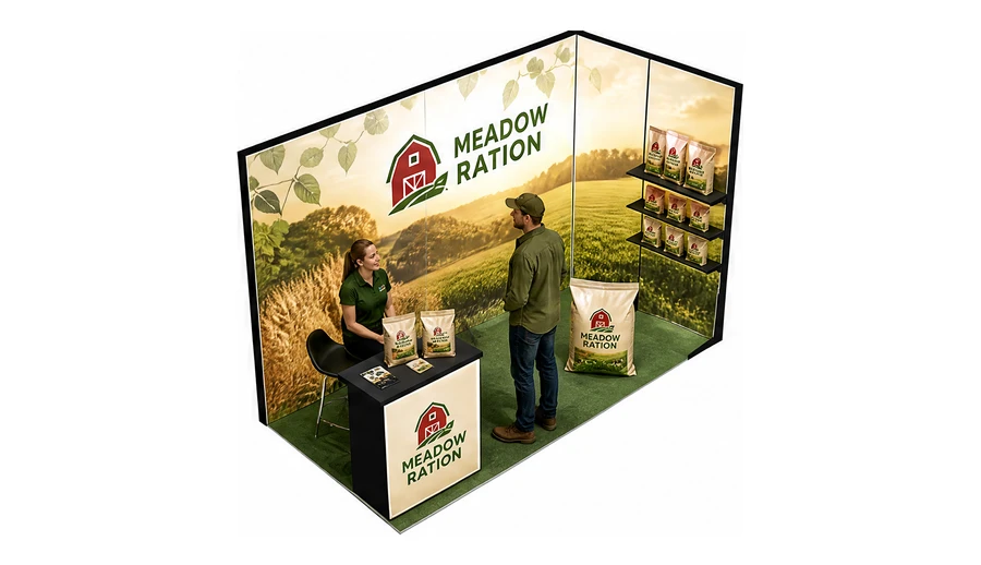 Stoisko 4 × 2 m narożne prawe dla branży hodowla i pasze, przykładowa marka Meadow Ration