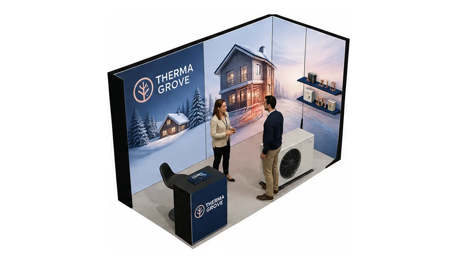 Stoisko 4 × 2 m narożne prawe dla branży pompy ciepła i ogrzewanie, przykładowa marka Therma Grove