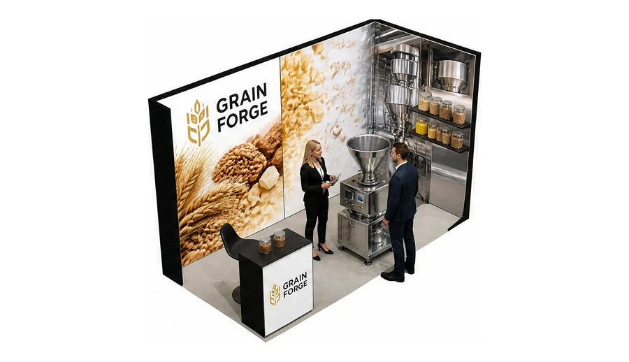 Stoisko 4 × 2 m narożne prawe dla branży technologie spożywcze, przykładowa marka Grain Forge