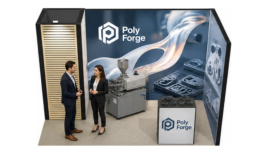 Stoisko 4 × 2 m narożne prawe dla branży przetwórstwo tworzyw, przykładowa marka Poly Forge