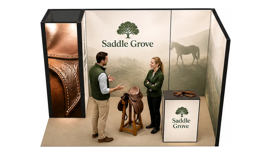 Stoisko 4 × 2 m narożne prawe dla branży jeździectwo, przykładowa marka Saddle Grove
