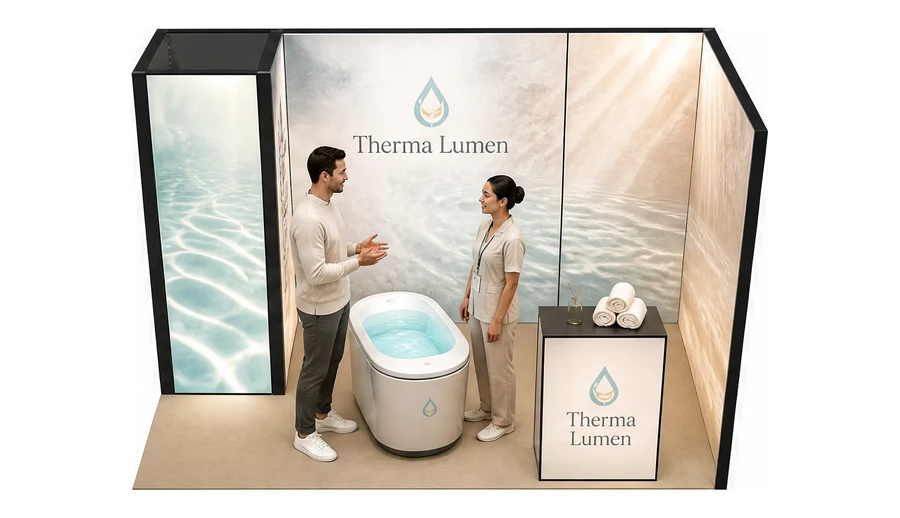 Stoisko 4 × 2 m narożne prawe dla branży spa i wellness, przykładowa marka Therma Lumen
