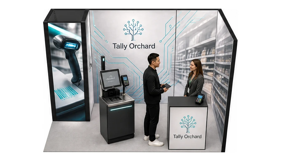Stoisko 4 × 2 m narożne prawe dla branży technologie dla handlu, przykładowa marka Tally Orchard