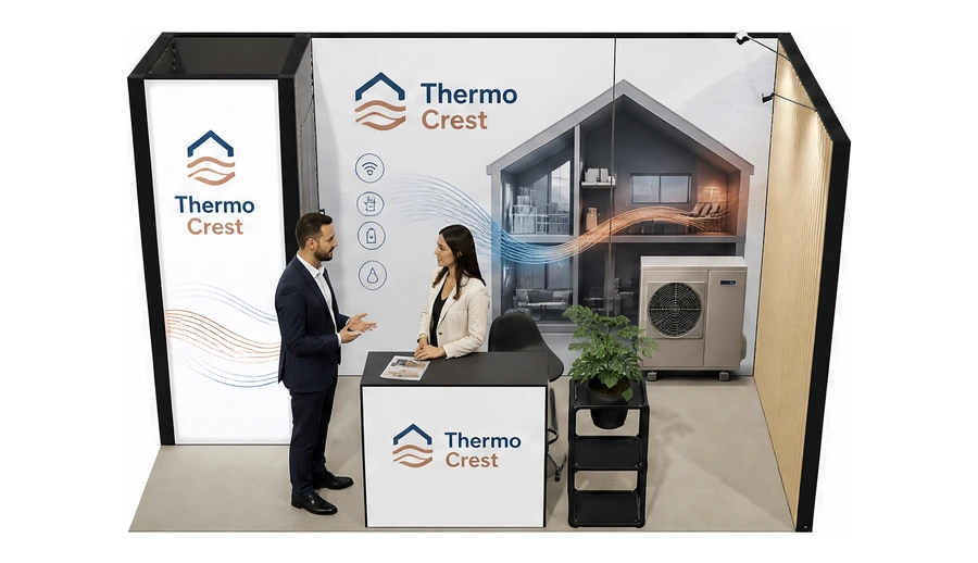 Stoisko 4 × 2 m narożne prawe dla branży pompy ciepła i ogrzewanie, przykładowa marka Thermo Crest
