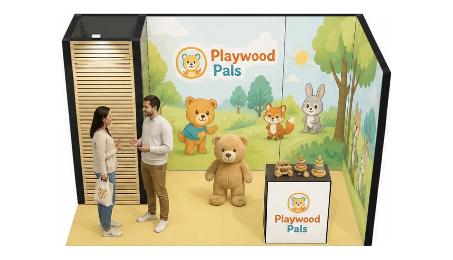 Stoisko 4 × 2 m narożne prawe dla branży zabawki i artykuły dziecięce, przykładowa marka Playwood Pals