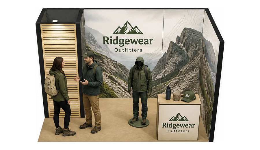 Stoisko 4 × 2 m narożne prawe dla branży odzież i sprzęt outdoorowy, przykładowa marka Ridgewear Outfitters