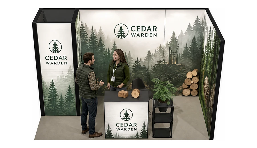 Stoisko 4 × 2 m narożne prawe dla branży leśnictwo i przemysł drzewny, przykładowa marka Cedar Warden
