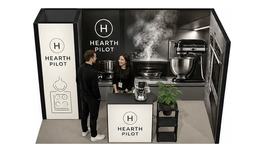 Stoisko 4 × 2 m narożne prawe dla branży sprzęt kuchenny i AGD, przykładowa marka Hearth Pilot
