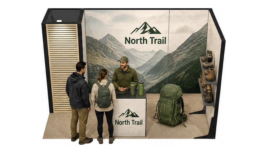 Stoisko 4 × 2 m narożne prawe dla branży odzież i sprzęt outdoorowy, przykładowa marka North Trail