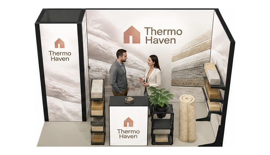 Stoisko 4 × 2 m narożne prawe dla branży izolacje techniczne, przykładowa marka Thermo Haven