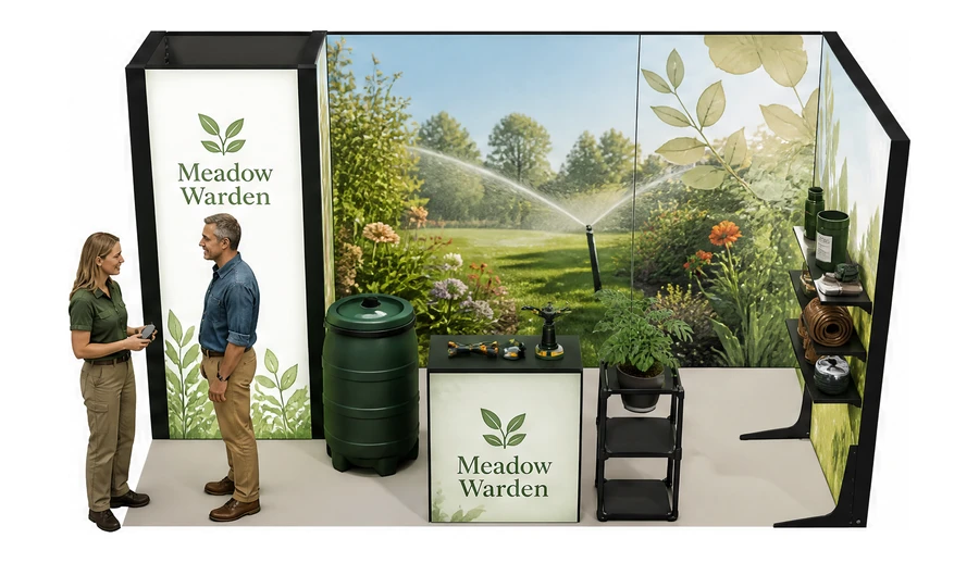 Stoisko 4 × 2 m narożne prawe dla branży ogród i architektura krajobrazu, przykładowa marka Meadow Warden