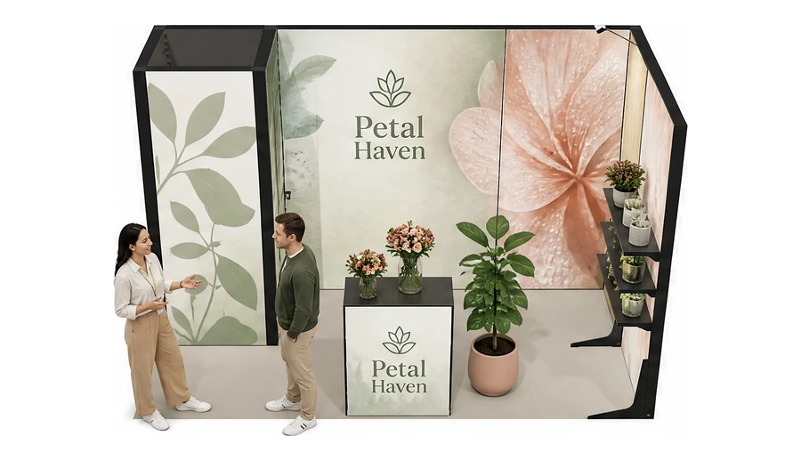 Stoisko 4 × 2 m narożne prawe dla branży rośliny i kwiaciarstwo, przykładowa marka Petal Haven