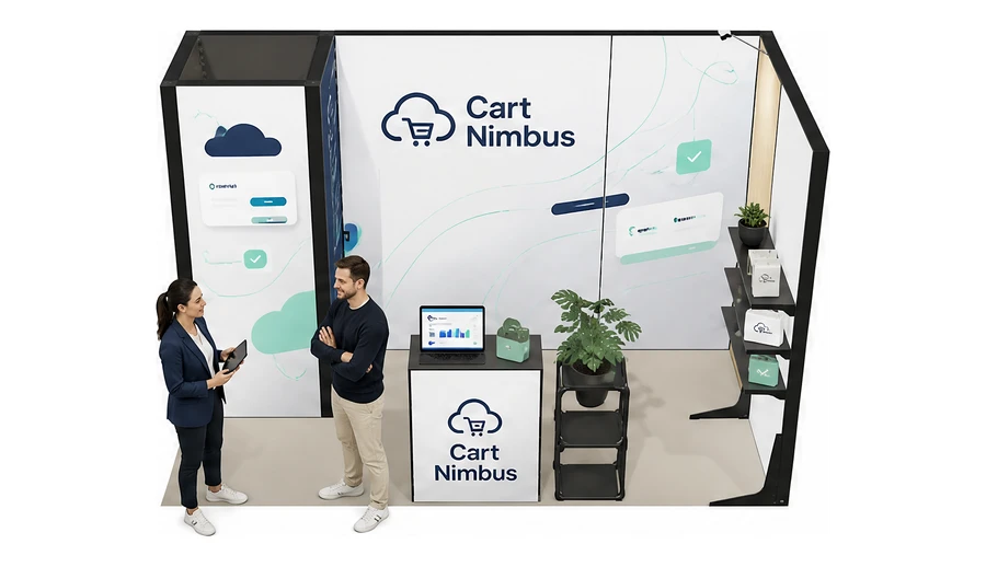 Stoisko 4 × 2 m narożne prawe dla branży e-commerce, przykładowa marka Cart Nimbus