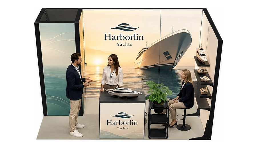 Stoisko 4 × 2 m narożne prawe dla branży jachty i łodzie, przykładowa marka Harborlin Yachts