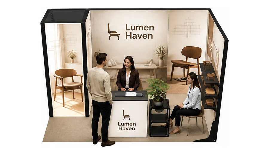 Stoisko 4 × 2 m narożne prawe dla branży meble designerskie, przykładowa marka Lumen Haven