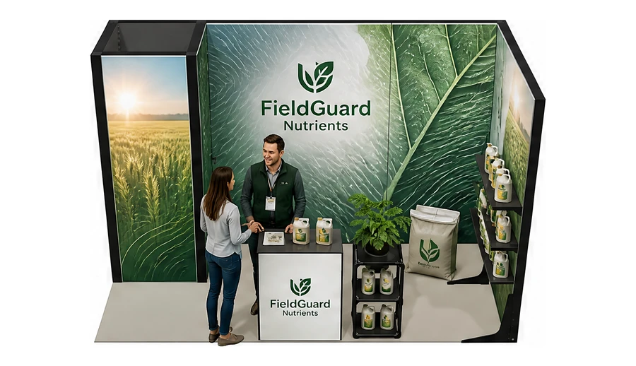 Stoisko 4 × 2 m narożne prawe dla branży nawozy i ochrona roślin, przykładowa marka FieldGuard Nutrients