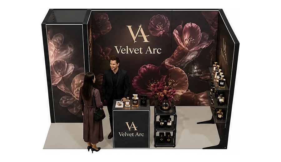 Stoisko 4 × 2 m narożne prawe dla branży perfumy, przykładowa marka Velvet Arc