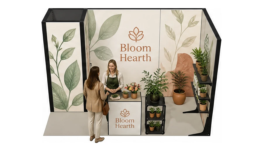 Stoisko 4 × 2 m narożne prawe dla branży rośliny i kwiaciarstwo, przykładowa marka Bloom Hearth