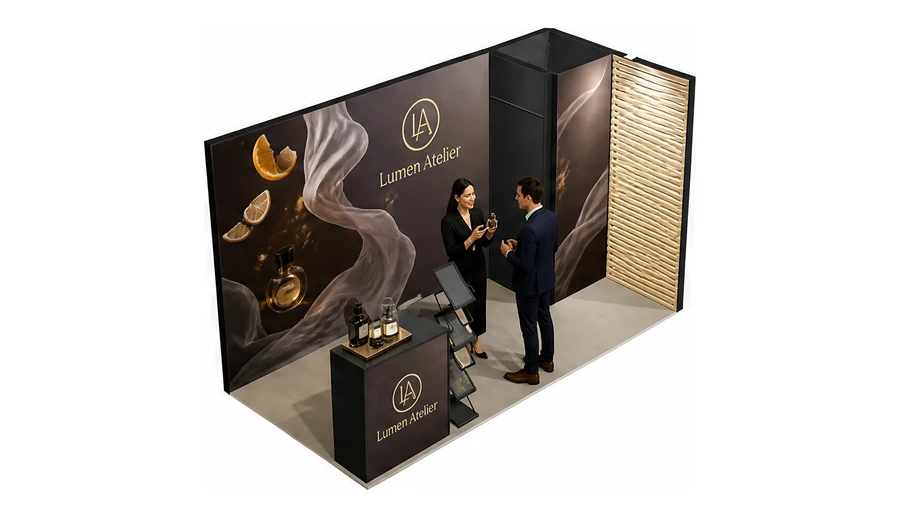 Stoisko 4 × 2 m narożne prawe dla branży perfumy, przykładowa marka Lumen Atelier