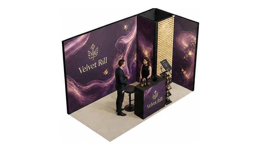 Stoisko 4 × 2 m narożne prawe dla branży perfumy, przykładowa marka Velvet Rill