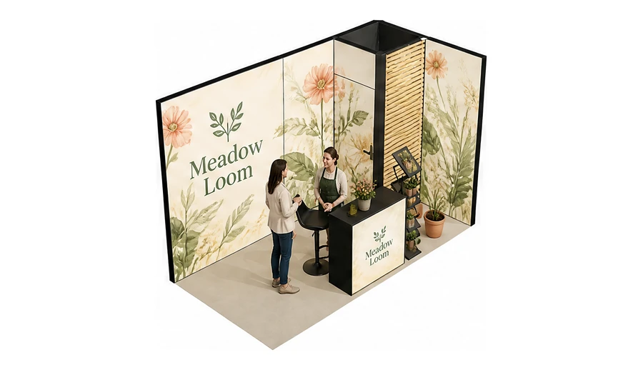 Stoisko 4 × 2 m narożne prawe dla branży rośliny i kwiaciarstwo, przykładowa marka Meadow Loom