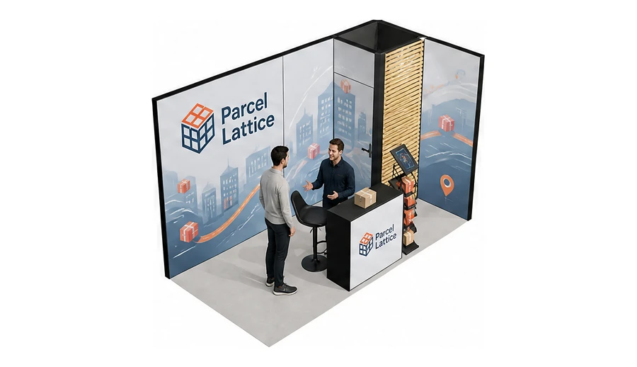 Stoisko 4 × 2 m narożne prawe dla branży e-commerce, przykładowa marka Parcel Lattice