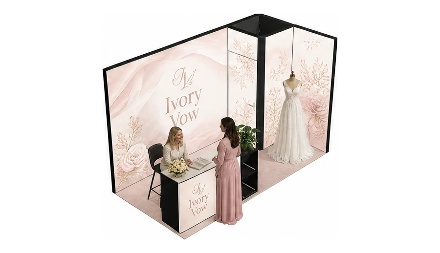 Stoisko 4 × 2 m narożne prawe dla branży branża ślubna, przykładowa marka Ivory Vow