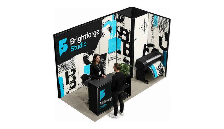 Stoisko 4 × 2 m narożne prawe dla branży reklama i druk, przykładowa marka Brightforge Studio