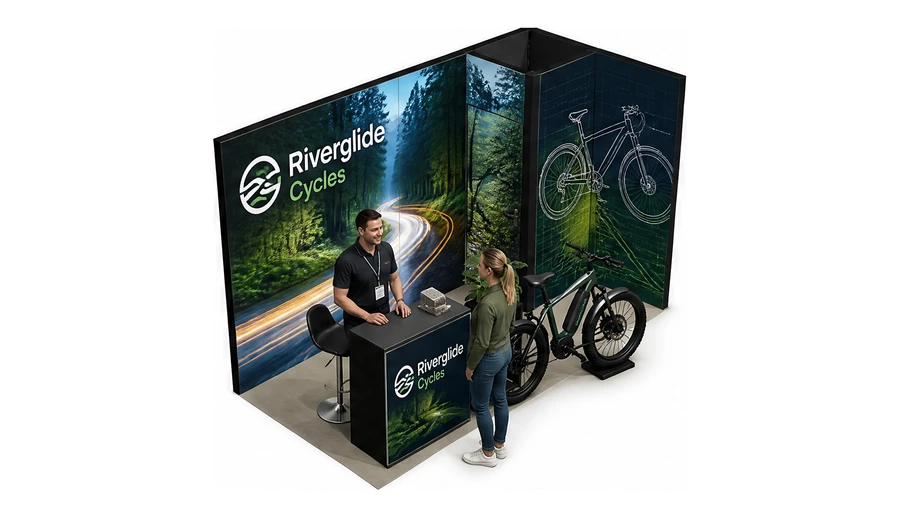 Stoisko 4 × 2 m narożne prawe dla branży rowery elektryczne, przykładowa marka Riverglide Cycles