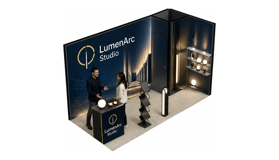 Stoisko 4 × 2 m narożne prawe dla branży oświetlenie, przykładowa marka LumenArc Studio