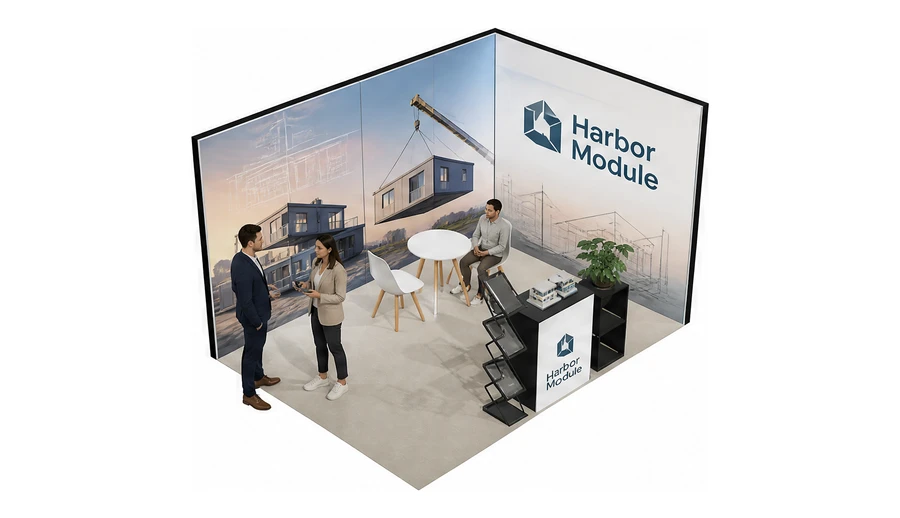 Stoisko 4 × 3 m narożne prawe dla branży domy modułowe i prefabrykacja, przykładowa marka Harbor Module