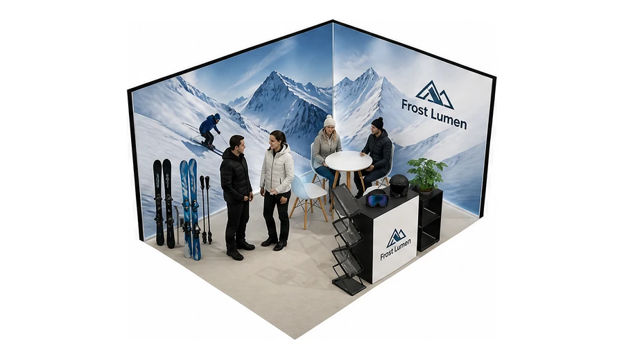 Stoisko 4 × 3 m narożne prawe dla branży narciarstwo i sporty zimowe, przykładowa marka Frost Lumen