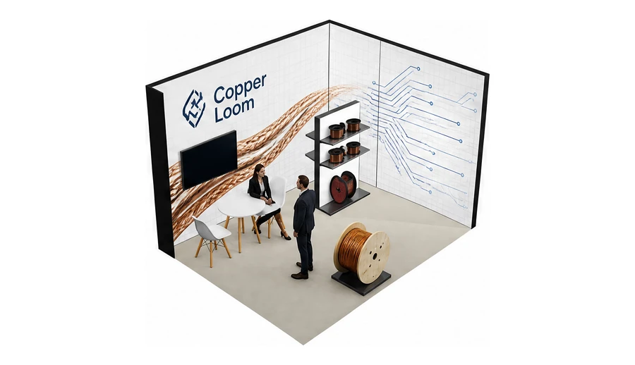 Stoisko 4 × 3 m narożne prawe dla branży kable i elektrotechnika, przykładowa marka Copper Loom