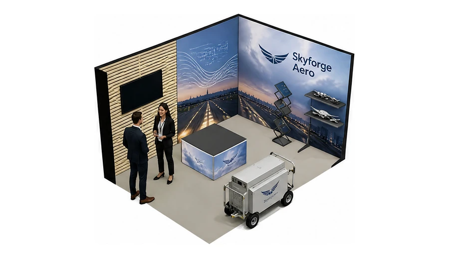 Stoisko 4 × 3 m narożne prawe dla branży lotnictwo, przykładowa marka Skyforge Aero
