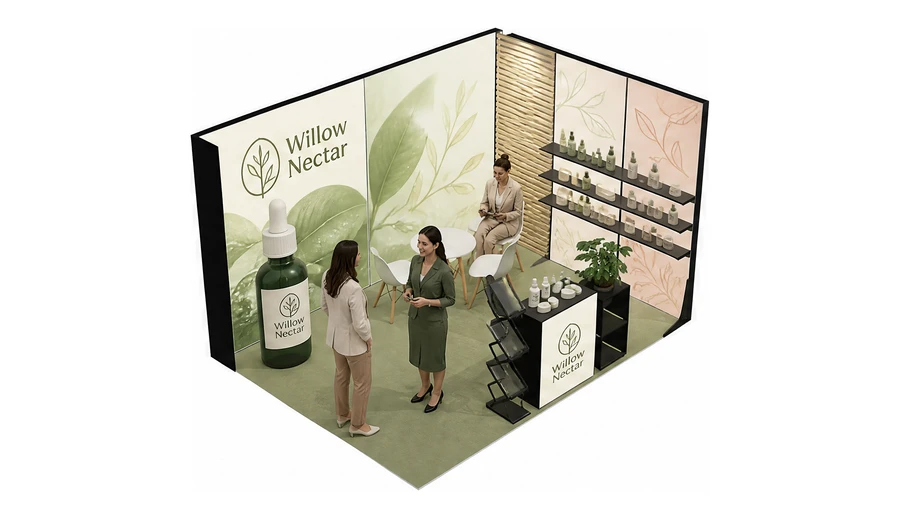 Stoisko 4 × 3 m narożne prawe dla branży kosmetyki naturalne, przykładowa marka Willow Nectar