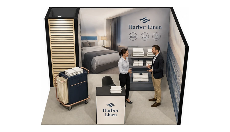Stoisko 4 × 3 m narożne prawe dla branży wyposażenie hoteli, przykładowa marka Harbor Linen