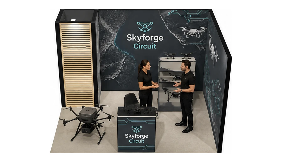 Stoisko 4 × 3 m narożne prawe dla branży drony i robotyka, przykładowa marka Skyforge Circuit