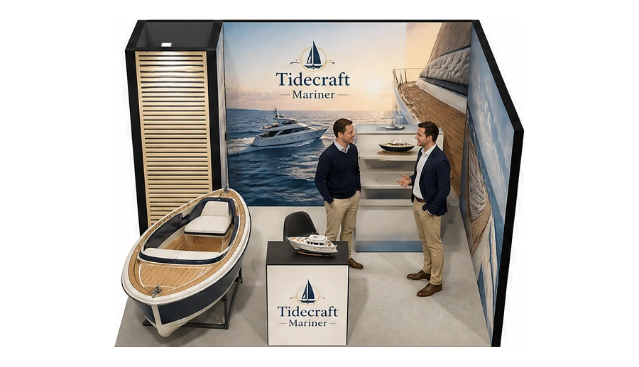 Stoisko 4 × 3 m narożne prawe dla branży jachty i łodzie, przykładowa marka Tidecraft Mariner