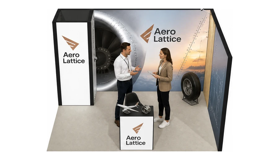 Stoisko 4 × 3 m narożne prawe dla branży lotnictwo, przykładowa marka Aero Lattice
