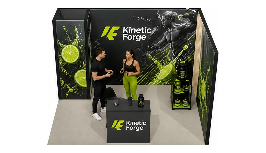 Stoisko 4 × 3 m narożne prawe dla branży suplementy diety, przykładowa marka Kinetic Forge
