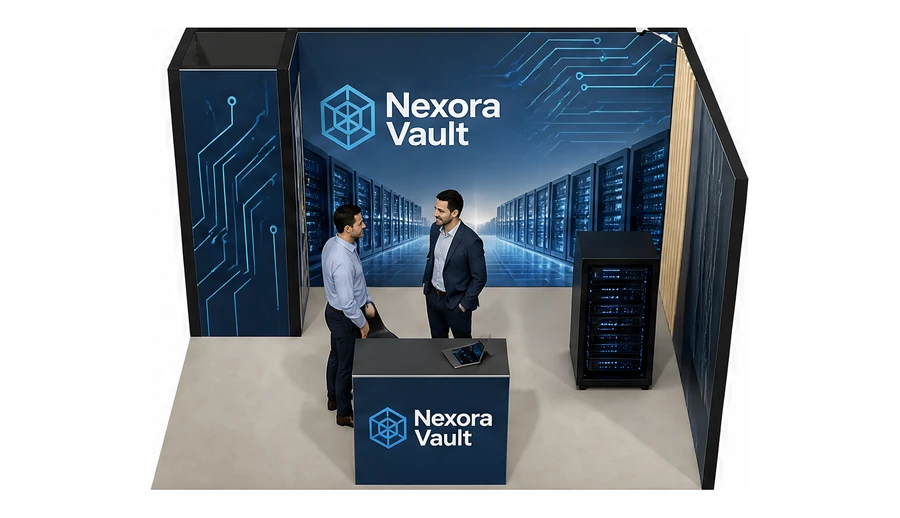 Stoisko 4 × 3 m narożne prawe dla branży infrastruktura IT i data center, przykładowa marka Nexora Vault